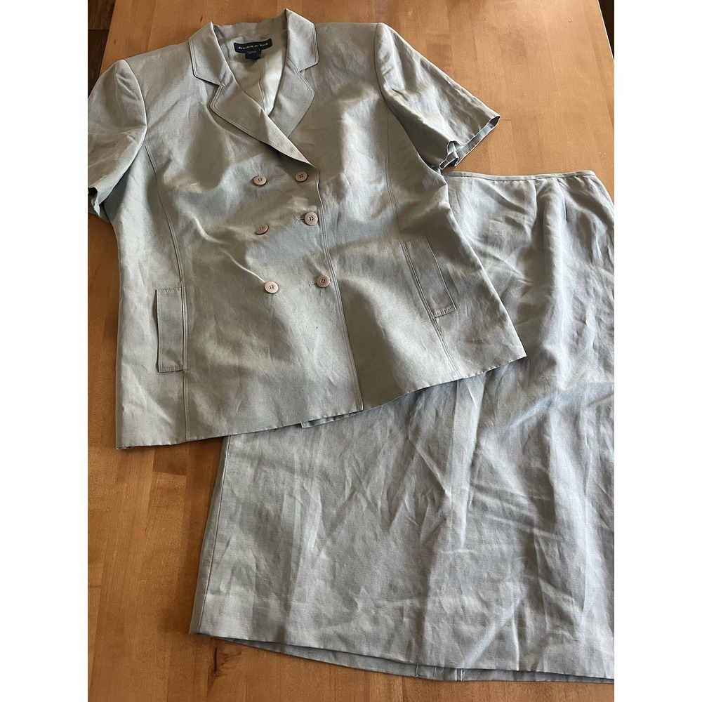Vtg Preston & York Women's 2 Piece Sage Linen Silk Skirt Suit Set‎ Sz 16 Lined